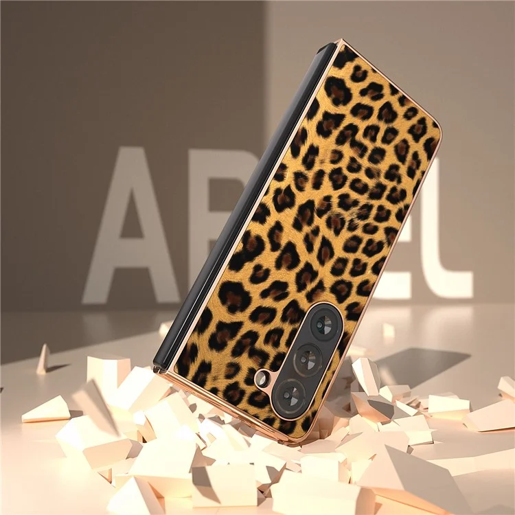 Para Samsung Galaxy Z Fold5 5G Leopard Pattern PU+Hard PC Case Nano Electroplating Protective Phone Cover - Oro