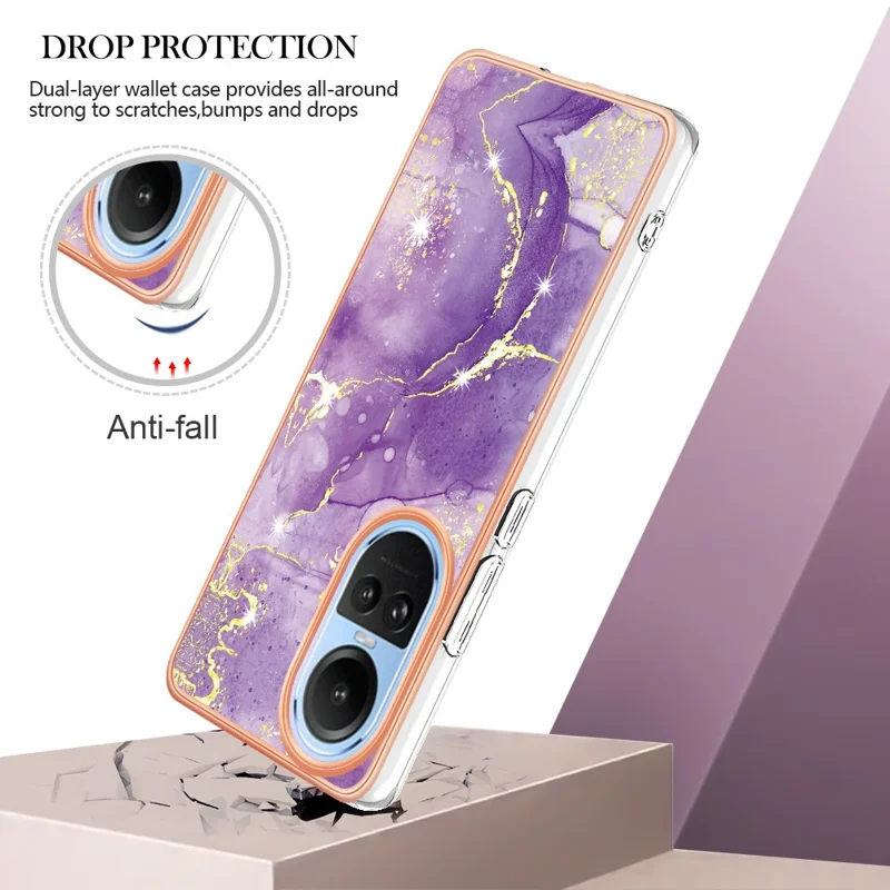 YB IMD Series-2 для Oppo Reno10 5G (Global) Чехол для телефона из электролитического ТПУ с мраморным узором IMD - фиолетовый 002
