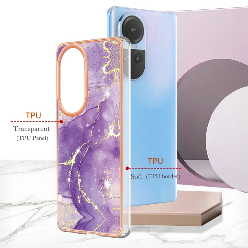 YB IMD Series-2 для Oppo Reno10 5G (Global) Чехол для телефона из электролитического ТПУ с мраморным узором IMD - фиолетовый 002