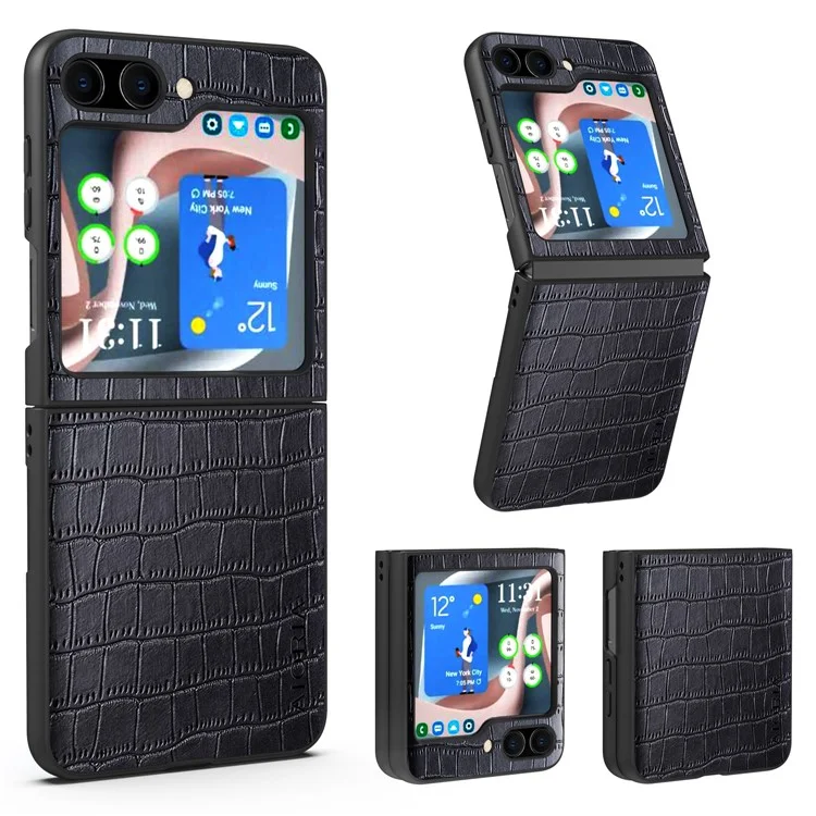 AIORIA Crocodile Textured Shockproof Case for Samsung Galaxy Z Flip5 5G Anti-Drop PU + PC Phone Cover - Black