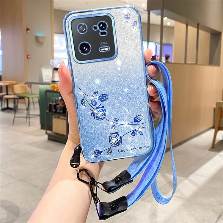 KADEM для Xiaomi 13 Pro 5G Защитная крышка для телефона Цветочный дизайн Rhinestone Glitter TPU Чехол с ремешком - Синий