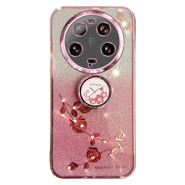KADEM For Xiaomi 13 Ultra Flower Pattern Glitter Shockproof TPU Cover Ring Kickstand Phone Case - Rose Gold