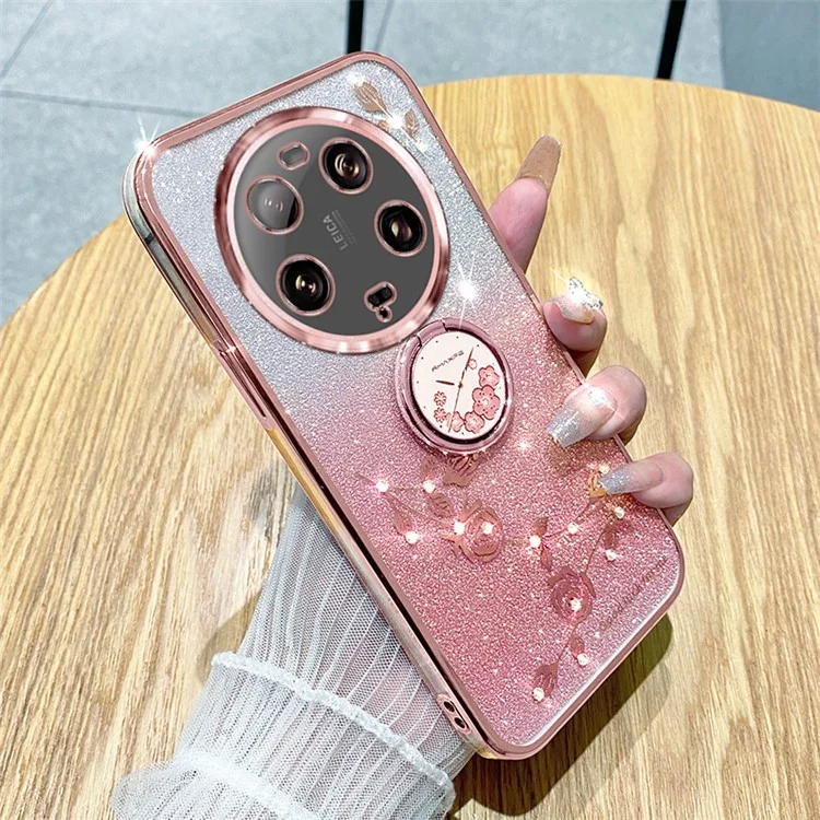 KADEM For Xiaomi 13 Ultra Flower Pattern Glitter Shockproof TPU Cover Ring Kickstand Phone Case - Rose Gold