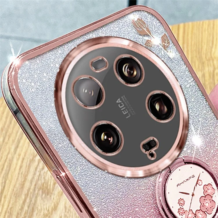 KADEM For Xiaomi 13 Ultra Flower Pattern Glitter Shockproof TPU Cover Ring Kickstand Phone Case - Rose Gold