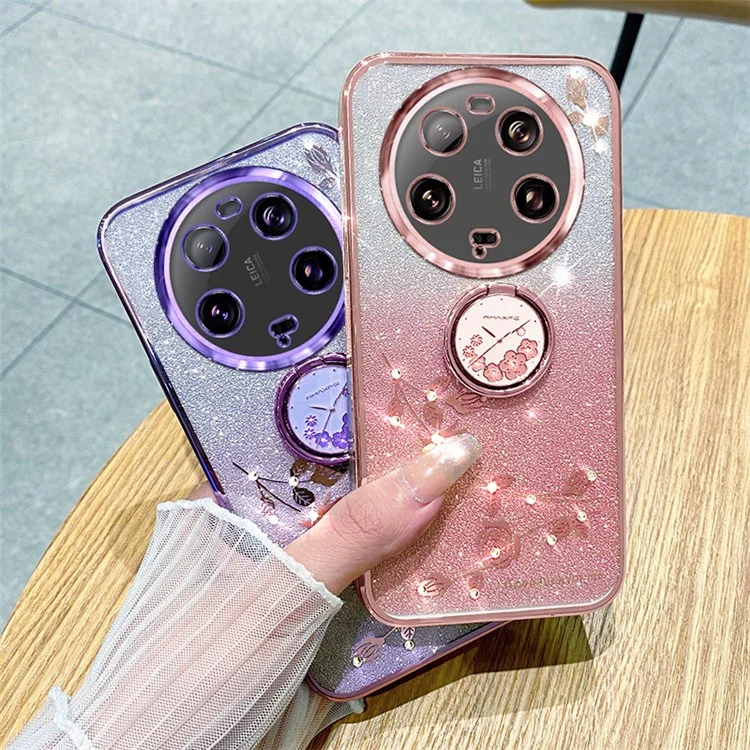 KADEM For Xiaomi 13 Ultra Flower Pattern Glitter Shockproof TPU Cover Ring Kickstand Phone Case - Rose Gold