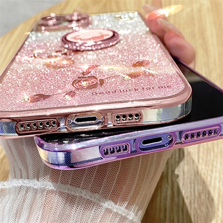 KADEM For Xiaomi 13 Ultra Flower Pattern Glitter Shockproof TPU Cover Ring Kickstand Phone Case - Rose Gold