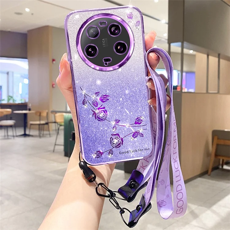 KADEM para Xiaomi 13 Ultra Funda de Teléfono Protectora con Diseño de Flores, Diamantes de Imitación y Purpurina de TPU - Morado