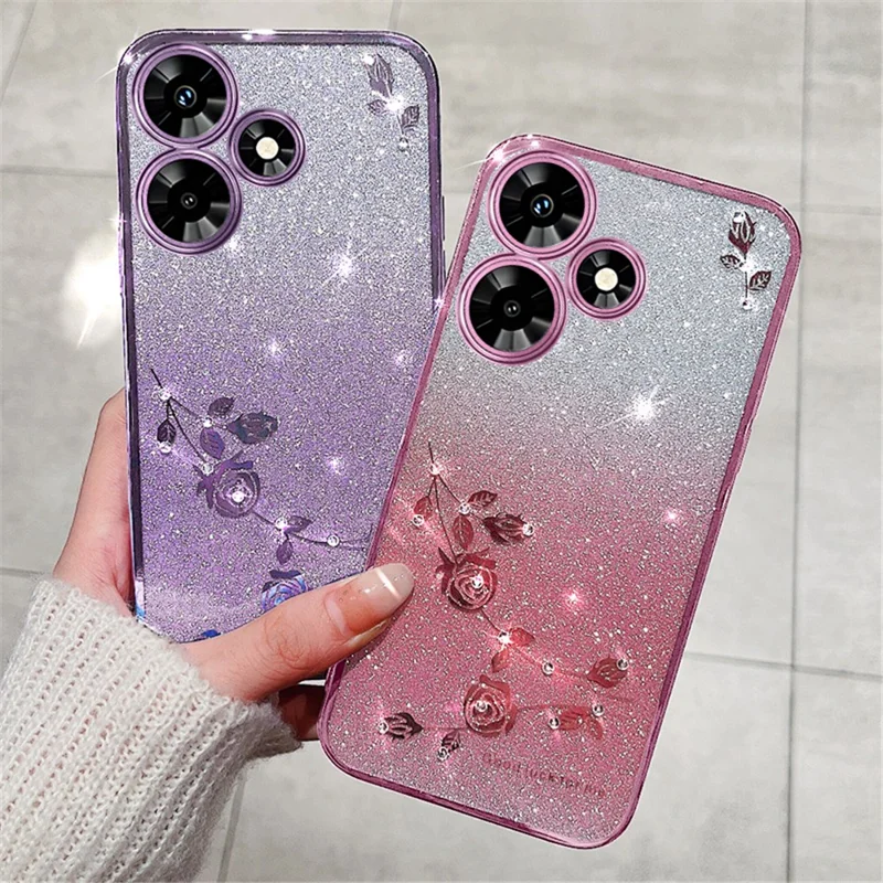 KADEM For Infinix Hot 30 Rhinestone Flower TPU Anti-Drop Phone Cover Stylish Glitter Gradient Back Case - Rose Gold