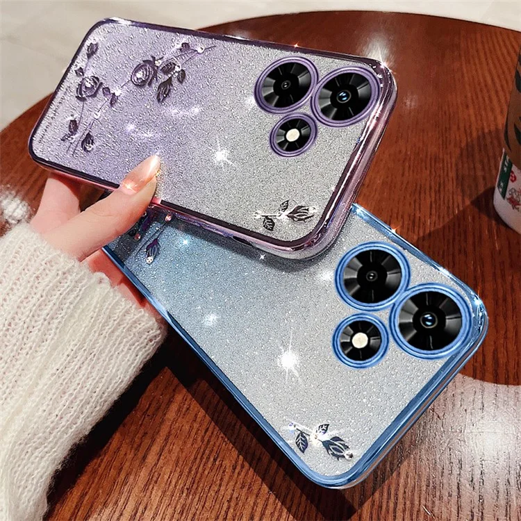 KADEM For Infinix Hot 30 Rhinestone Flower TPU Anti-Drop Phone Cover Stylish Glitter Gradient Back Case - Blue