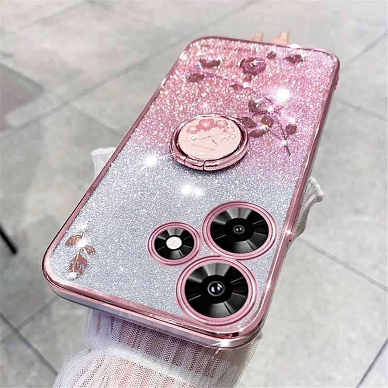KADEM Pour Infinix Hot 30 Fleur Motif Paillettes Antichoc TPU Cover Ring Kickstand Étui de Téléphone - Or Rose