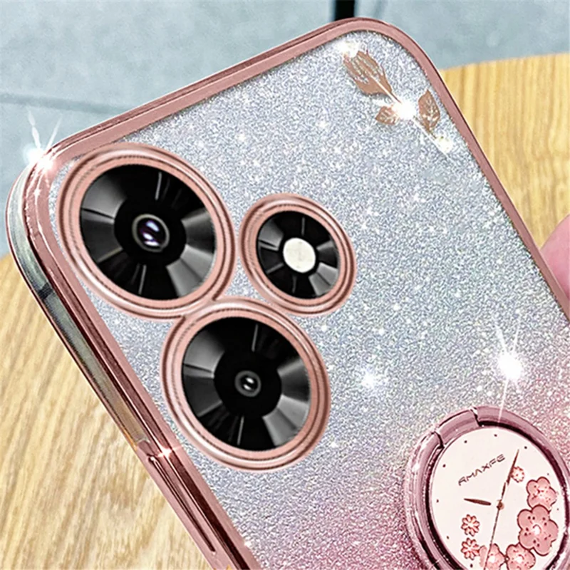 KADEM Pour Infinix Hot 30 Fleur Motif Paillettes Antichoc TPU Cover Ring Kickstand Étui de Téléphone - Or Rose
