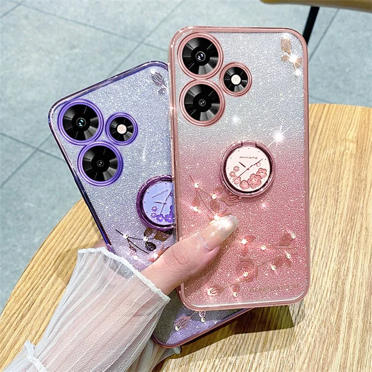 KADEM Pour Infinix Hot 30 Fleur Motif Paillettes Antichoc TPU Cover Ring Kickstand Étui de Téléphone - Or Rose