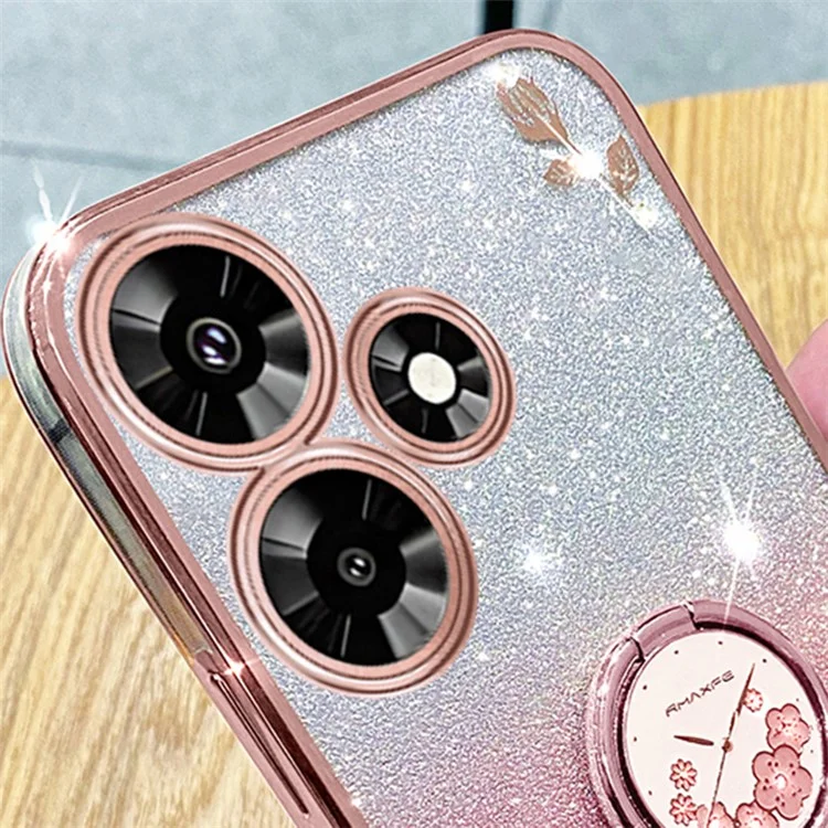 KADEM для Infinix Hot 30i Цветочный узор Глиттерный мягкий чехол TPU с кольцевой подставкой Противоударный чехол для телефона - Золотая роза 