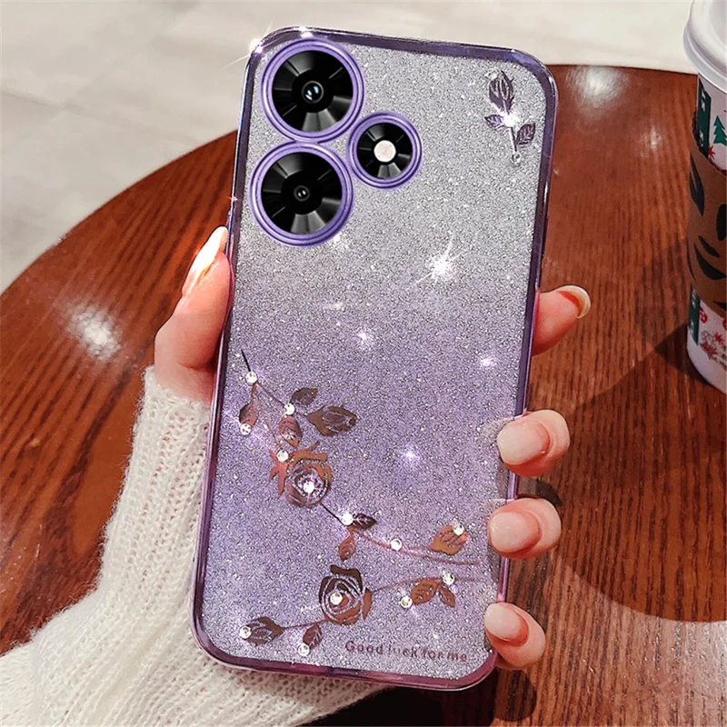 KADEM Para Infinix Hot 30 Play Capa de Telefone Celular com Glitter Gradiente TPU Flor Rhinestone Anti-Choque - Roxo