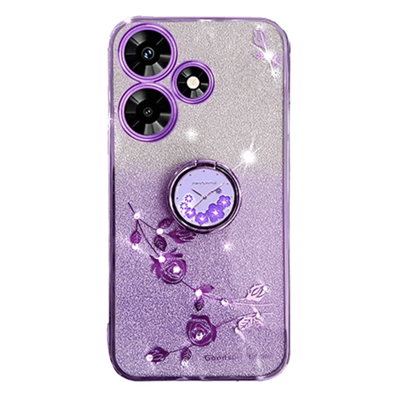 KADEM For Infinix Hot 30 Play Ring Kickstand Flower Pattern Glitter Soft TPU Cover Mobile Phone Case - Purple