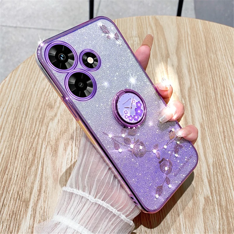 KADEM For Infinix Hot 30 Play Ring Kickstand Flower Pattern Glitter Soft TPU Cover Mobile Phone Case - Purple
