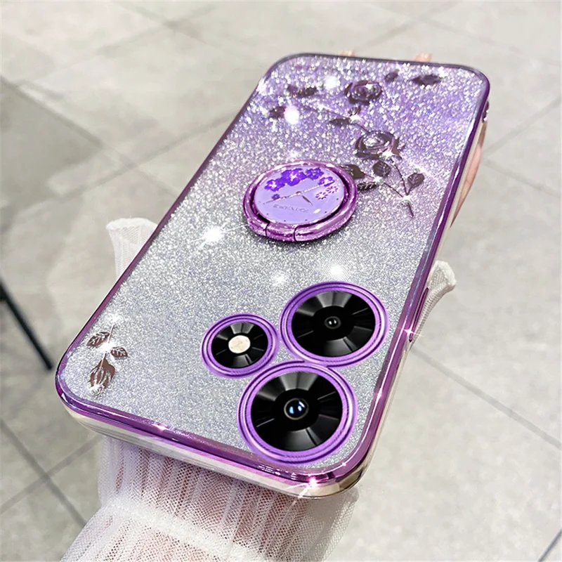 KADEM For Infinix Hot 30 Play Ring Kickstand Flower Pattern Glitter Soft TPU Cover Mobile Phone Case - Purple
