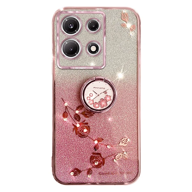 Capa de Telefone Celular Para Infinix Note 30 5g, Anel Kickstand Flower Padrive Glitter TPU Macio Top Tampa - Rosa Ouro