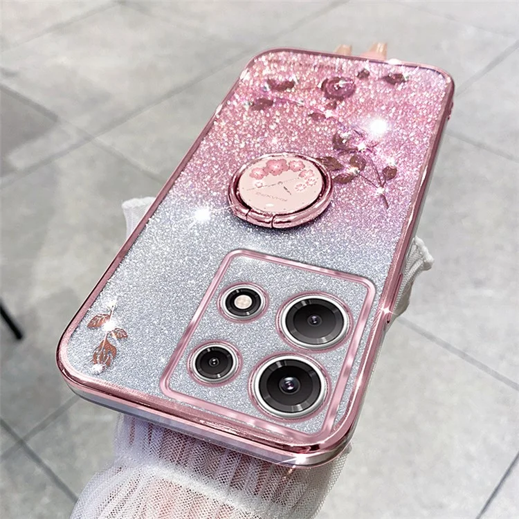 KADEM Mobile Phone Case for Infinix Note 30 Pro 4G , Ring Kickstand Flower Pattern Glitter Scratch Proof TPU Cover - Rose Gold