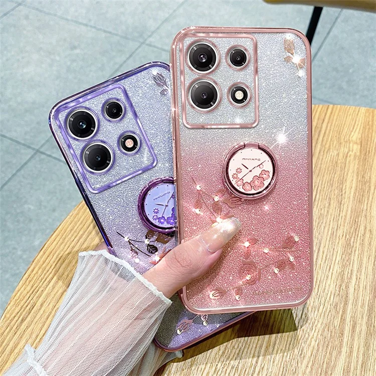 KADEM Mobile Phone Case for Infinix Note 30 Pro 4G , Ring Kickstand Flower Pattern Glitter Scratch Proof TPU Cover - Rose Gold