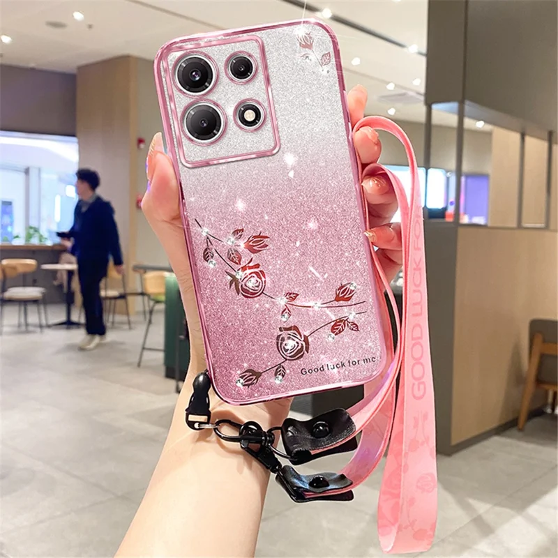 KADEM Für Infinix Note 30 Pro 4G Handy-Schutzhülle Blumen-Design Strass Glitzer Anti-Drop TPU Hülle mit Trageband - Roségold