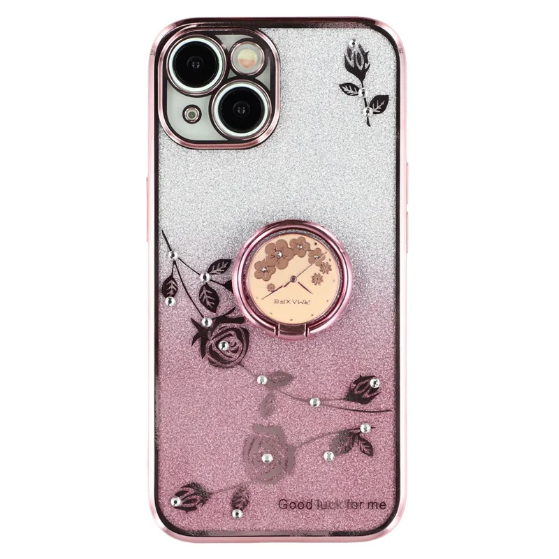 KADEM For iPhone 14 Cellphone Guard Case Ring Kickstand Flower Pattern Glitter TPU Cover - Rose Gold