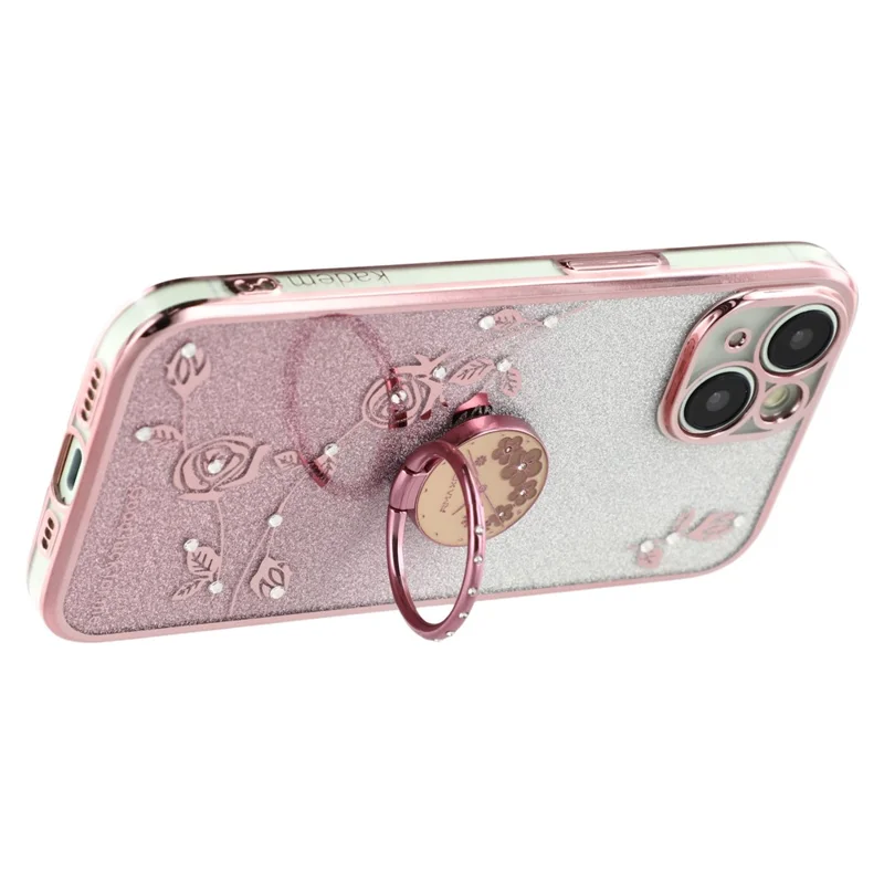 KADEM For iPhone 14 Cellphone Guard Case Ring Kickstand Flower Pattern Glitter TPU Cover - Rose Gold