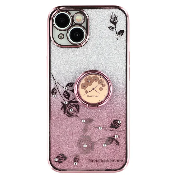 KADEM Para iPhone 14 Plus Glitter Flower Pattern Cellphone Case com Anel Kickstand TPU Cover - Rose Gold