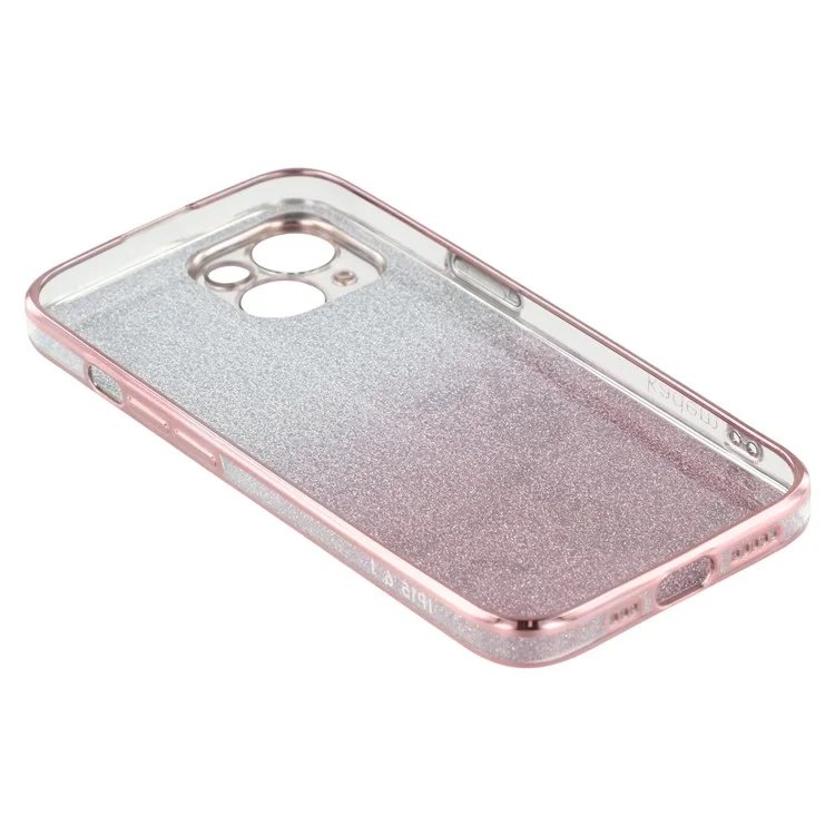 KADEM Para iPhone 14 Plus Glitter Flower Pattern Cellphone Case com Anel Kickstand TPU Cover - Rose Gold