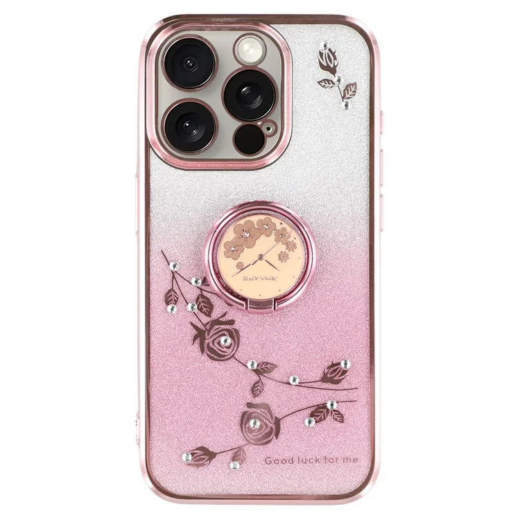 KADEM для iPhone 14 Pro Max Чехол для телефона с блестящим цветочным узором с кольцом-подставкой TPU Anti-collision Cover - Rose Gold