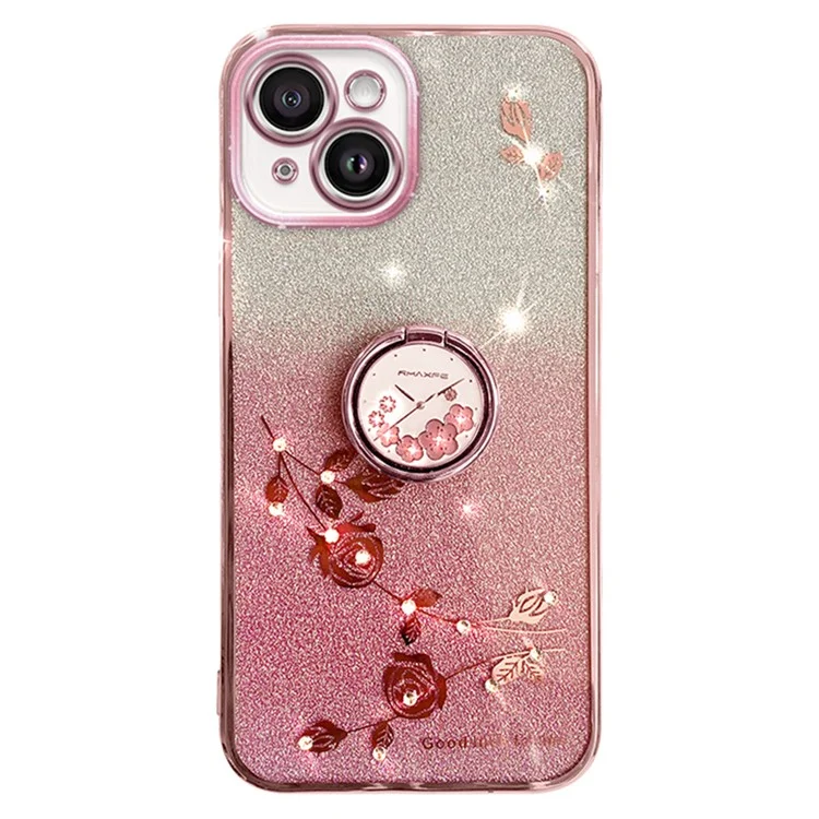 KADEM Cellphone Guard Case for iPhone 13 mini 5.4 inch , Ring Kickstand Flower Pattern Glitter TPU Cover - Rose Gold
