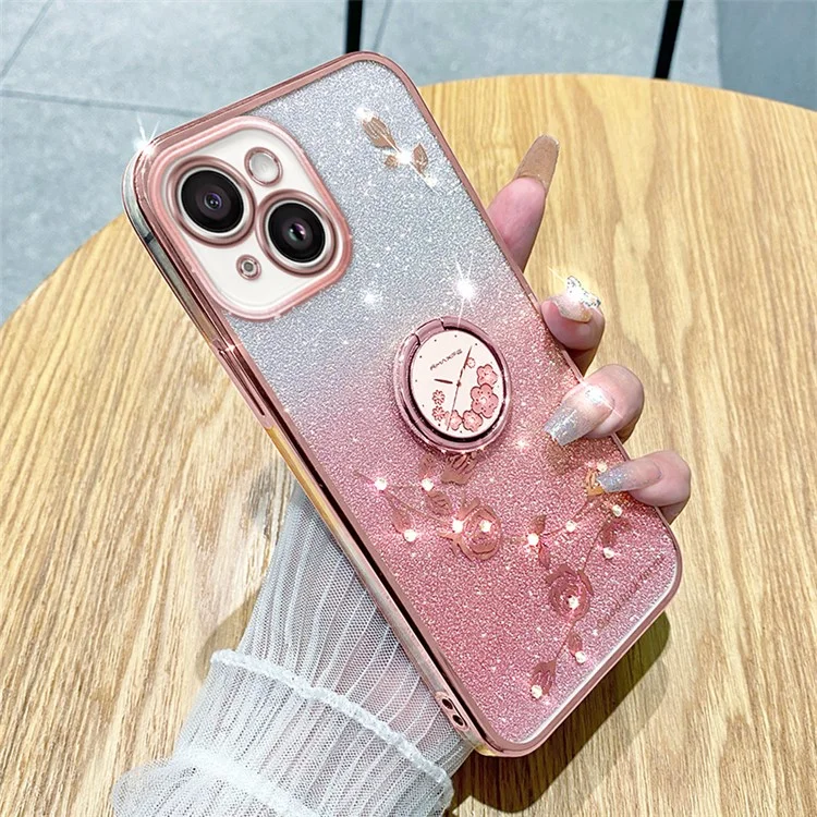KADEM Cellphone Guard Case for iPhone 13 mini 5.4 inch , Ring Kickstand Flower Pattern Glitter TPU Cover - Rose Gold