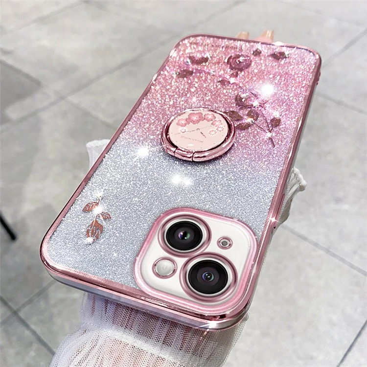 KADEM Cellphone Guard Case for iPhone 13 mini 5.4 inch , Ring Kickstand Flower Pattern Glitter TPU Cover - Rose Gold