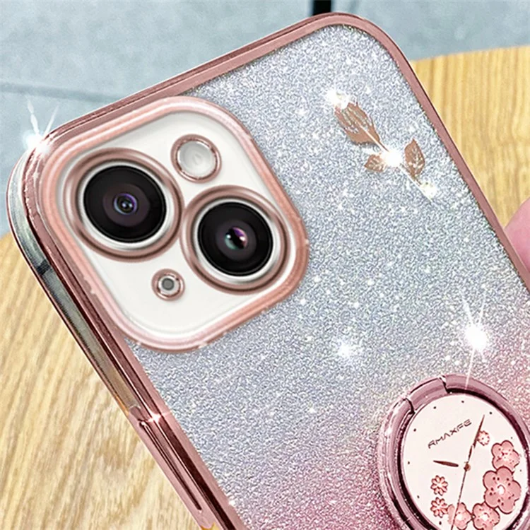 KADEM Cellphone Guard Case for iPhone 13 mini 5.4 inch , Ring Kickstand Flower Pattern Glitter TPU Cover - Rose Gold