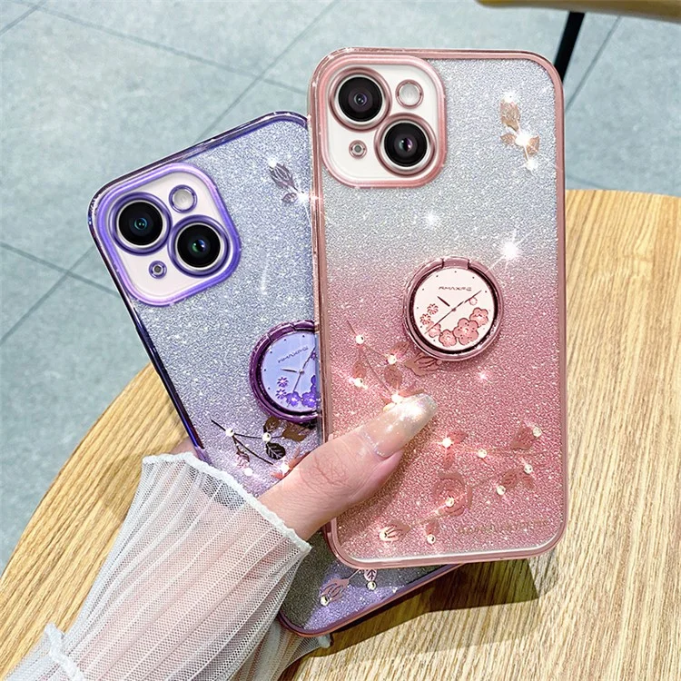 KADEM Cellphone Guard Case for iPhone 13 mini 5.4 inch , Ring Kickstand Flower Pattern Glitter TPU Cover - Rose Gold