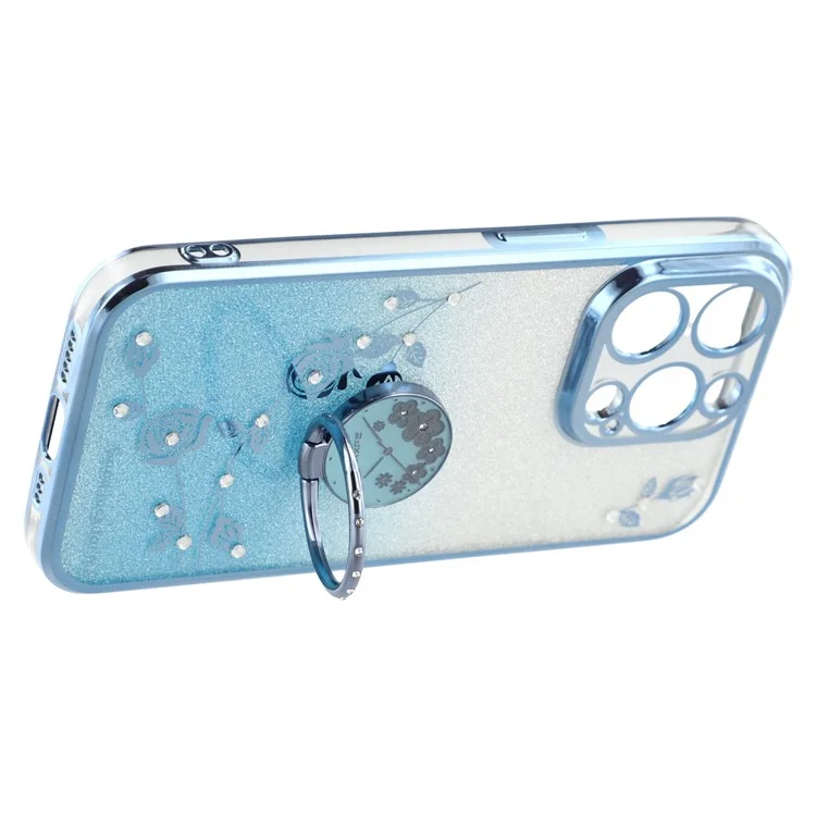 KADEM TPU Anti-collision Cover for iPhone 13 Pro Max 6.7 inch, Funda de Teléfono con Patrón de Flores Brillantes y Soporte Giratorio - Azul
