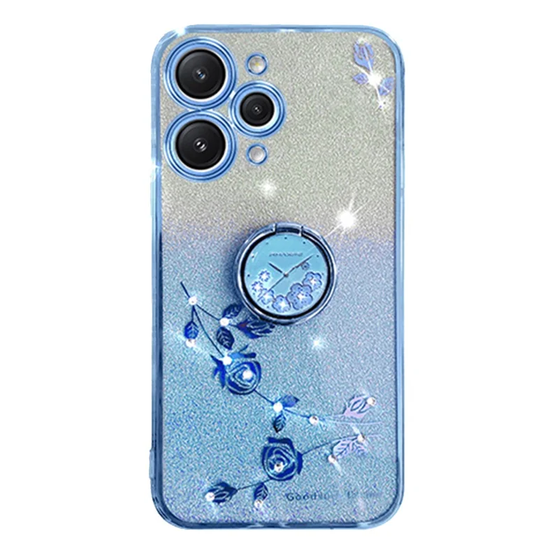 KADEM For Xiaomi Redmi 12 5G (Global) / Note 12R 5G / Poco M6 Pro 5G Cellphone Case with Ring Kickstand Glitter Flower Pattern TPU Cover - Blue