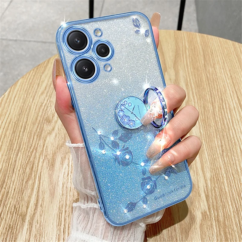 KADEM For Xiaomi Redmi 12 5G (Global) / Note 12R 5G / Poco M6 Pro 5G Cellphone Case with Ring Kickstand Glitter Flower Pattern TPU Cover - Blue