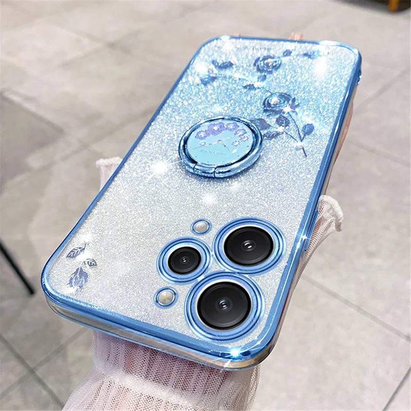 KADEM For Xiaomi Redmi 12 5G (Global) / Note 12R 5G / Poco M6 Pro 5G Cellphone Case with Ring Kickstand Glitter Flower Pattern TPU Cover - Blue
