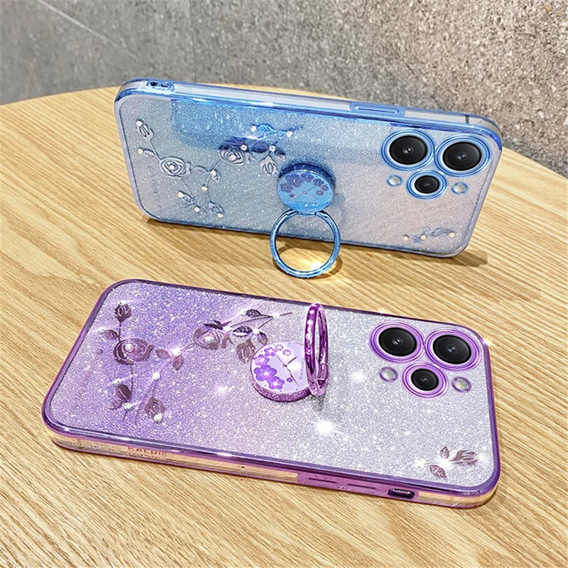 KADEM For Xiaomi Redmi 12 5G (Global) / Note 12R 5G / Poco M6 Pro 5G Cellphone Case with Ring Kickstand Glitter Flower Pattern TPU Cover - Blue