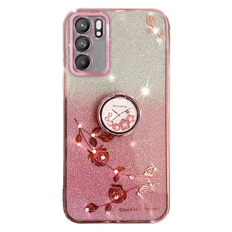 Custodia KADEM TPU per Oppo A16 / A16s / A54s, Custodia per telefono con motivo a fiori glitterati con supporto ad anello - Rosa oro