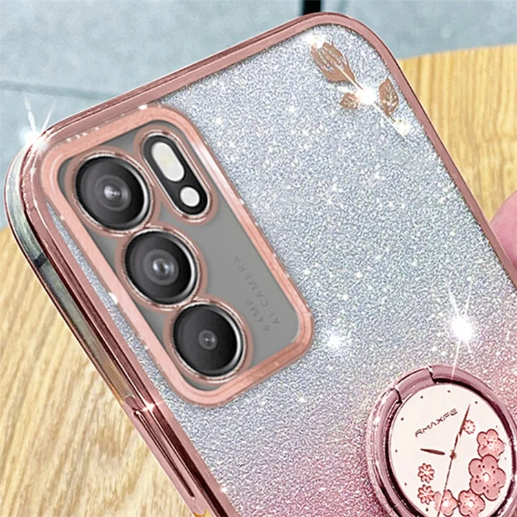 Custodia KADEM TPU per Oppo A16 / A16s / A54s, Custodia per telefono con motivo a fiori glitterati con supporto ad anello - Rosa oro