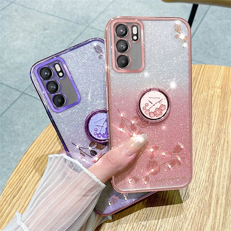 Custodia KADEM TPU per Oppo A16 / A16s / A54s, Custodia per telefono con motivo a fiori glitterati con supporto ad anello - Rosa oro