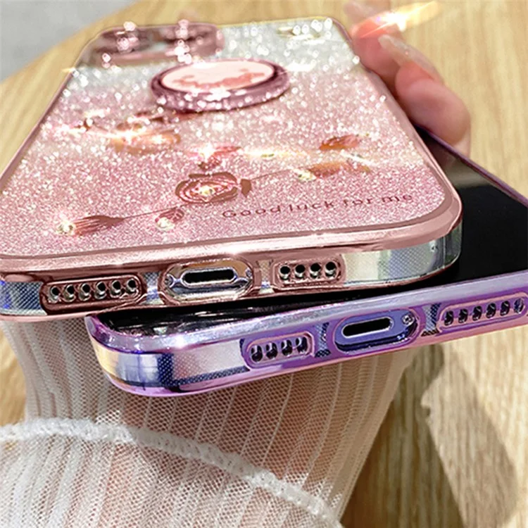 Custodia KADEM TPU per Oppo A16 / A16s / A54s, Custodia per telefono con motivo a fiori glitterati con supporto ad anello - Rosa oro