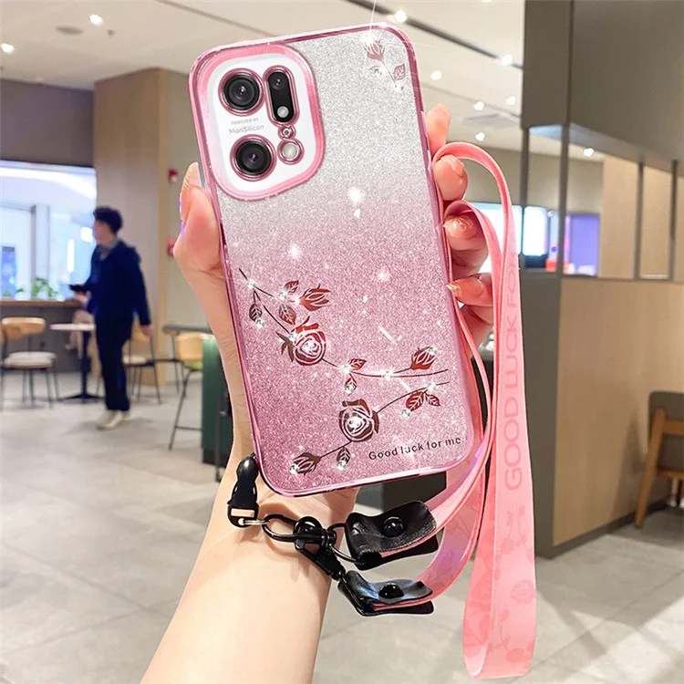 KADEM Back Cover for Oppo Find X5 Pro , Glitter Rhinestone Decor Flower Design TPU Smartphone Case with Strap - Rose Gold