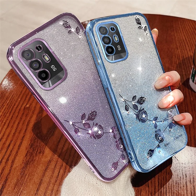 KADEM For Oppo A95 5G / F19 Pro+ 5G / Reno5 Z / A94 5G TPU Anti-scratch Cover Rhinestone Flower Glitter Gradient Phone Case - Blue