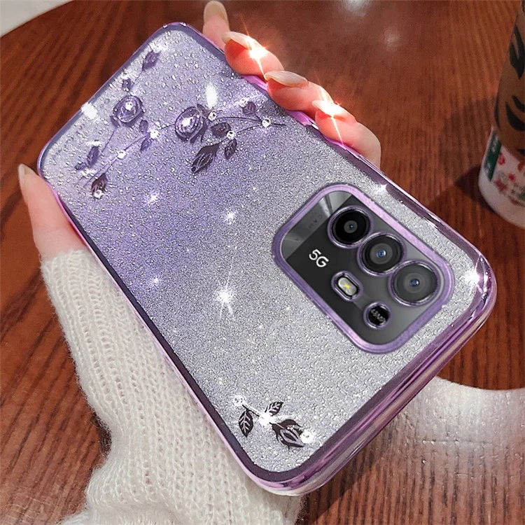 KADEM For Oppo A95 5G / F19 Pro+ 5G / Reno5 Z / A94 5G TPU Anti-scratch Cover Rhinestone Flower Glitter Gradient Phone Case - Blue