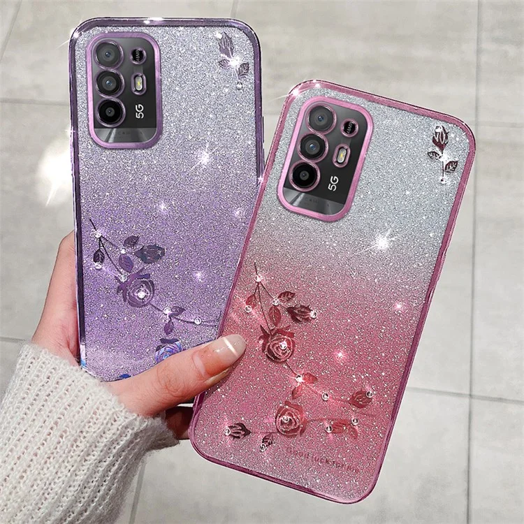 KADEM For Oppo A95 5G / F19 Pro+ 5G / Reno5 Z / A94 5G TPU Anti-scratch Cover Rhinestone Flower Glitter Gradient Phone Case - Blue
