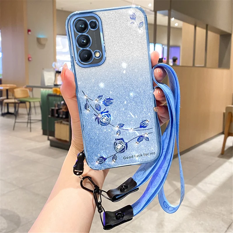 KADEM Protective Shell for Oppo A54 5G / A74 5G / A93 5G , Glitter Rhinestone Decor Flower Design TPU Smartphone Case with Strap - Blue