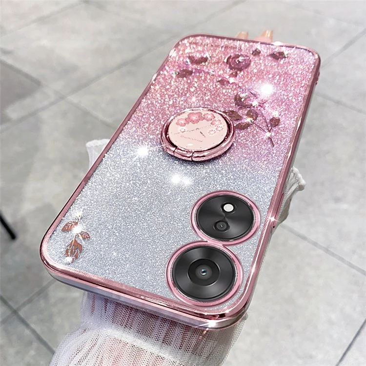 KADEM Für Oppo A58 5G / A58x 5G / A78 5G / A1x 5G Blumenmuster Glitzer Cover Ring Kickstand TPU Handyhülle - Rose Gold